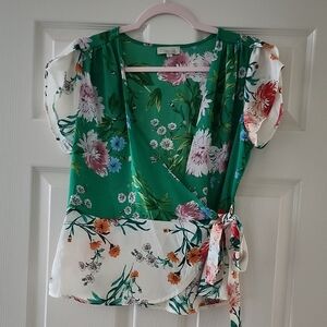 Chenault Green and White Floral Wrap Top